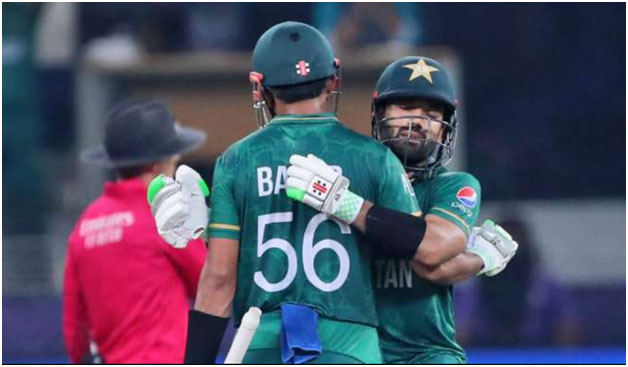 Pakistan's Mohammad Rizwan with captain Babar Azam during the Cricket Twenty20 World Cup match between India and Pakistan in Dubai.